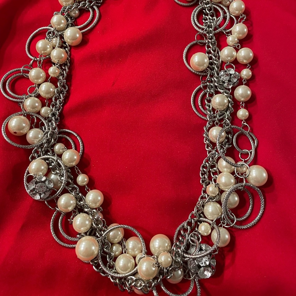 Tracy Lynn necklace faux pearls, rhinestones and silver tone loops, Statement